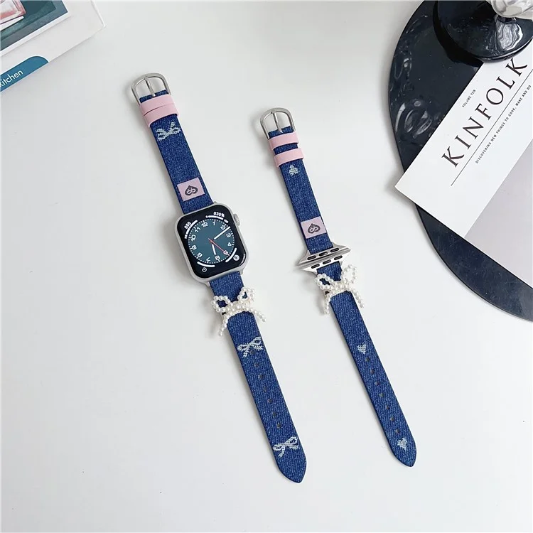 Pulseira de Pulso para Apple Watch Series 10 Ultra 9 8 7 SE 6 5 4 3 2 1 46mm 49mm 45mm 44mm 42mm Laço de Pérola em Couro Jeans - Laço