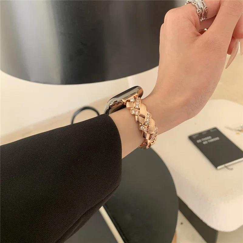 Copper Watch Strap for Apple Watch Series 11 10 42mm / 9 8 7 41mm / SE3 SE2 SE 6 5 4 40mm / 3 2 1 38mm Wheat Ear Zircon Bracelet Band - Rose Gold