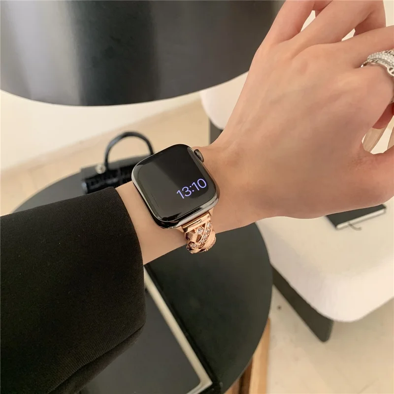 Copper Watch Strap for Apple Watch Series 11 10 42mm / 9 8 7 41mm / SE3 SE2 SE 6 5 4 40mm / 3 2 1 38mm Wheat Ear Zircon Bracelet Band - Rose Gold