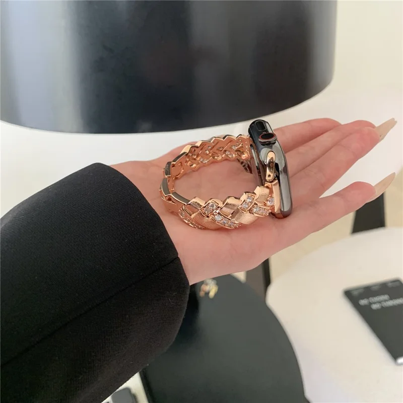Copper Watch Strap for Apple Watch Series 11 10 42mm / 9 8 7 41mm / SE3 SE2 SE 6 5 4 40mm / 3 2 1 38mm Wheat Ear Zircon Bracelet Band - Rose Gold
