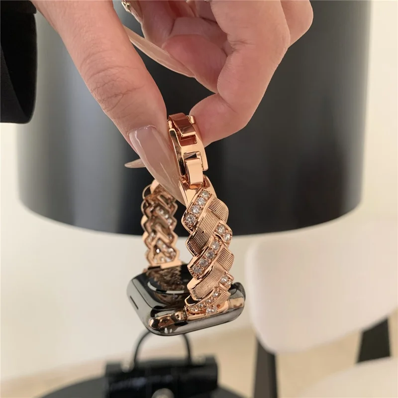 Copper Watch Strap for Apple Watch Series 11 10 42mm / 9 8 7 41mm / SE3 SE2 SE 6 5 4 40mm / 3 2 1 38mm Wheat Ear Zircon Bracelet Band - Rose Gold