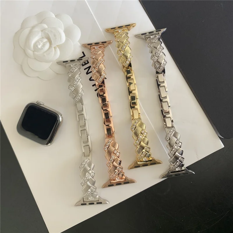 Copper Watch Strap for Apple Watch Series 11 10 42mm / 9 8 7 41mm / SE3 SE2 SE 6 5 4 40mm / 3 2 1 38mm Wheat Ear Zircon Bracelet Band - Rose Gold