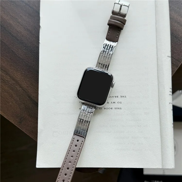 Cinturino per Apple Watch Serie 10 9 8 7 SE 6 5 4 3 2 1 42mm 41mm 40mm 38mm Poesia Piastra metallica curva Cinturino da polso - Pelle marrone