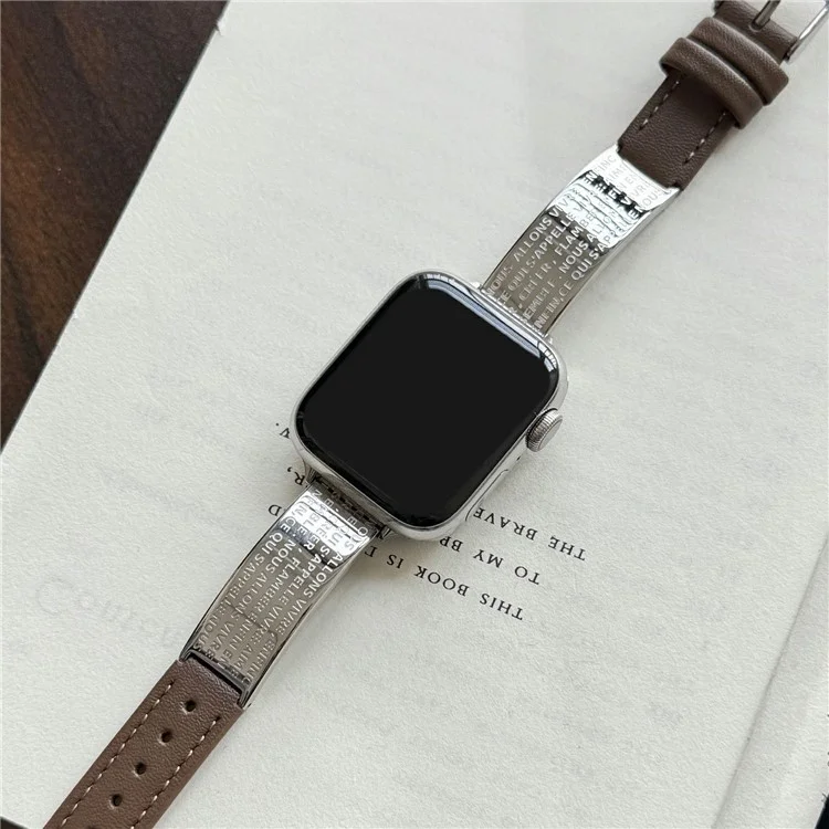 Cinturino per Apple Watch Serie 10 9 8 7 SE 6 5 4 3 2 1 42mm 41mm 40mm 38mm Poesia Piastra metallica curva Cinturino da polso - Pelle marrone