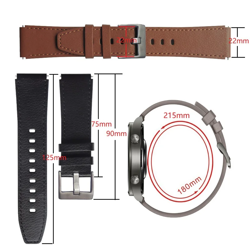 22mm Leather Smart Watch Band Replacement Adjustable Watch Strap for Huawei Watch GT 2 46mm/GT 2 Pro - Grey