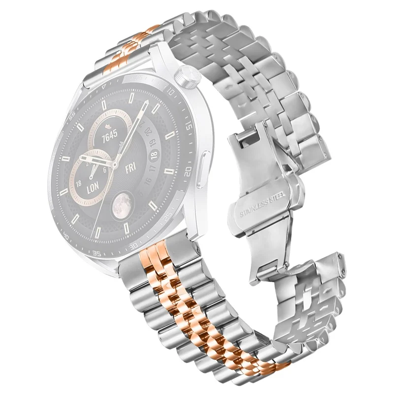For Garmin Forerunner 255 Wrist Band 5-Bead Stainless Steel Butterfly Clasp Watch Strap - Silver + Rose Gold