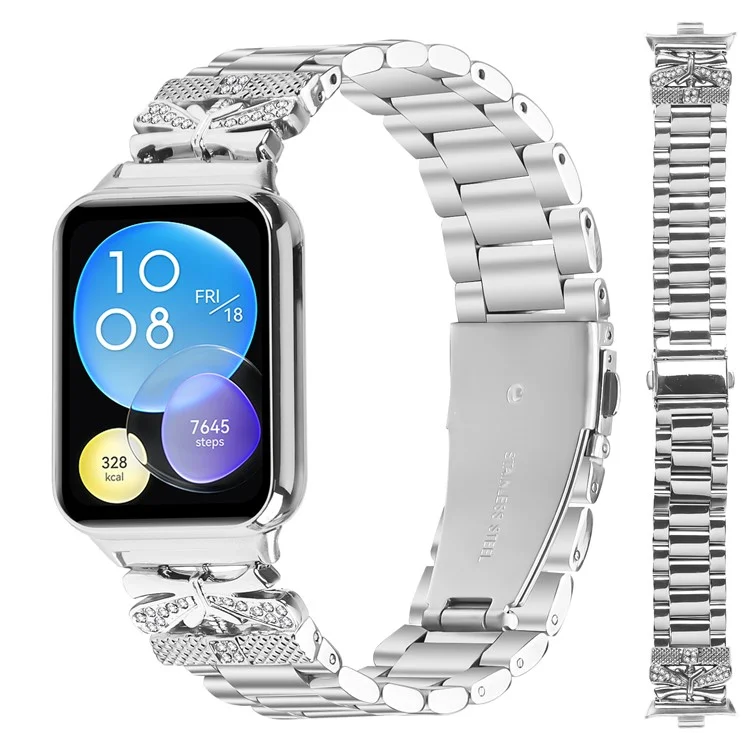 Für Xiaomi Redmi Watch 4 Ersatzarmband Schmetterling Strasssteine Dekor Silber Edelstahlarmband
