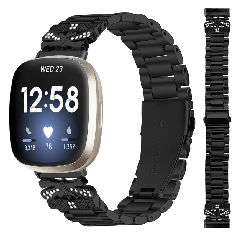 Replacement Strap for Fitbit Versa 4 / Sense 2 Butterfly Rhinestones Decor Watch Band - Black