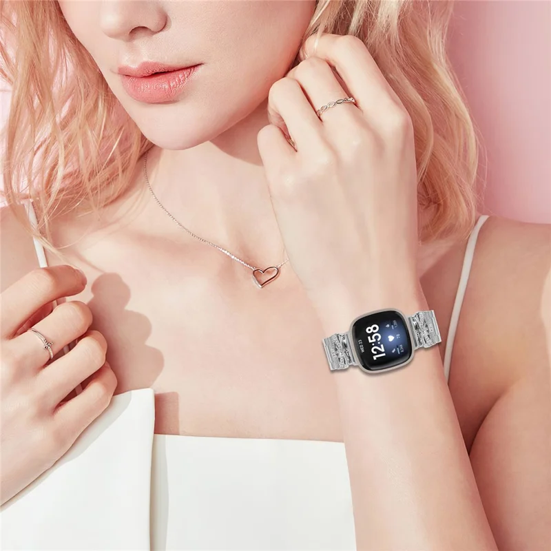 Replacement Strap for Fitbit Versa 4 / Sense 2 Butterfly Rhinestones Decor Silver Watch Band