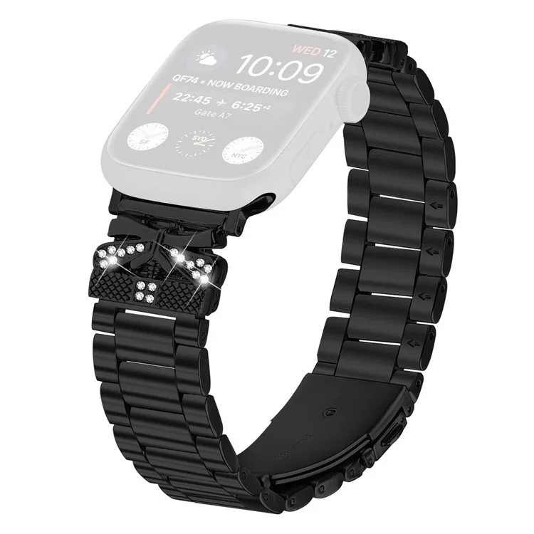 Replacement Strap for Apple Watch Series 10 9 8 7 SE 6 5 4 3 2 1 42mm 41mm 40mm 38mm Butterfly Rhinestones Decor Watch Band - Black