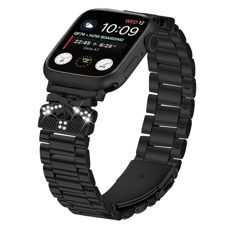 Replacement Strap for Apple Watch Series 10 9 8 7 SE 6 5 4 3 2 1 42mm 41mm 40mm 38mm Butterfly Rhinestones Decor Watch Band - Black