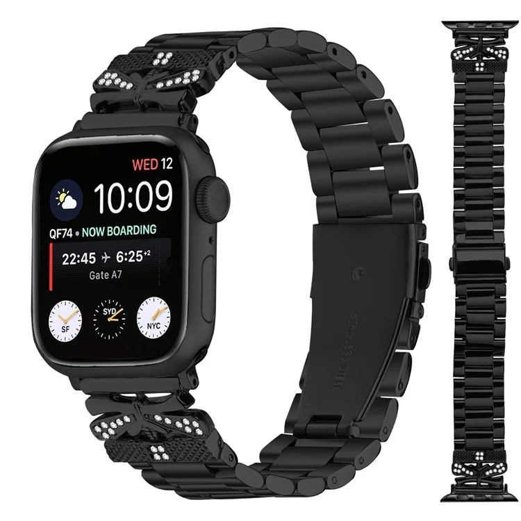Replacement Strap for Apple Watch Series 10 9 8 7 SE 6 5 4 3 2 1 42mm 41mm 40mm 38mm Butterfly Rhinestones Decor Watch Band - Black