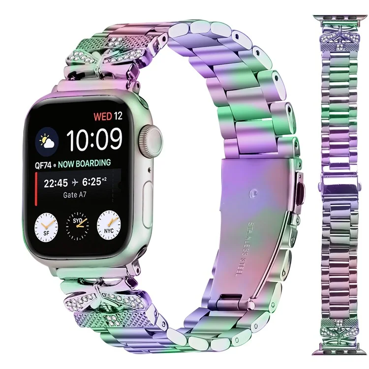 Replacement Strap for Apple Watch Series 10 9 8 7 SE 6 5 4 3 2 1 42mm 41mm 40mm 38mm Butterfly Rhinestones Decor Watch Band - Colorful