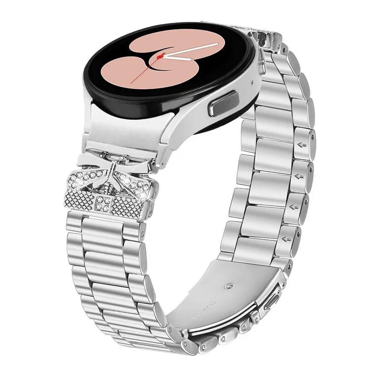 Metallarmband mit Schnellverschluss-Anschluss für Samsung Galaxy Watch6 / Watch6 Classic Schmetterlingsstrass-Verzierung Silbernes Uhrenarmband