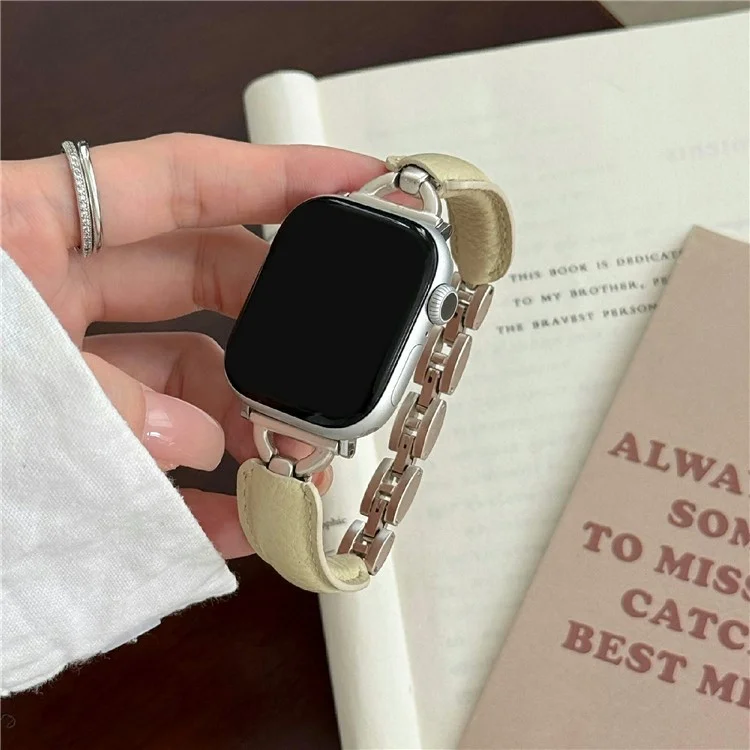 Watch Band For Apple Watch Series 10 9 8 7 SE 6 5 4 3 2 1 42mm 41mm 40mm 38mm D-Shaped Buckle Litchi Texture Leather Strap - Cream Yellow  /  Starlight