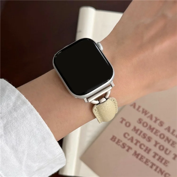 Watch Band For Apple Watch Series 10 9 8 7 SE 6 5 4 3 2 1 42mm 41mm 40mm 38mm D-Shaped Buckle Litchi Texture Leather Strap - Cream Yellow  /  Starlight