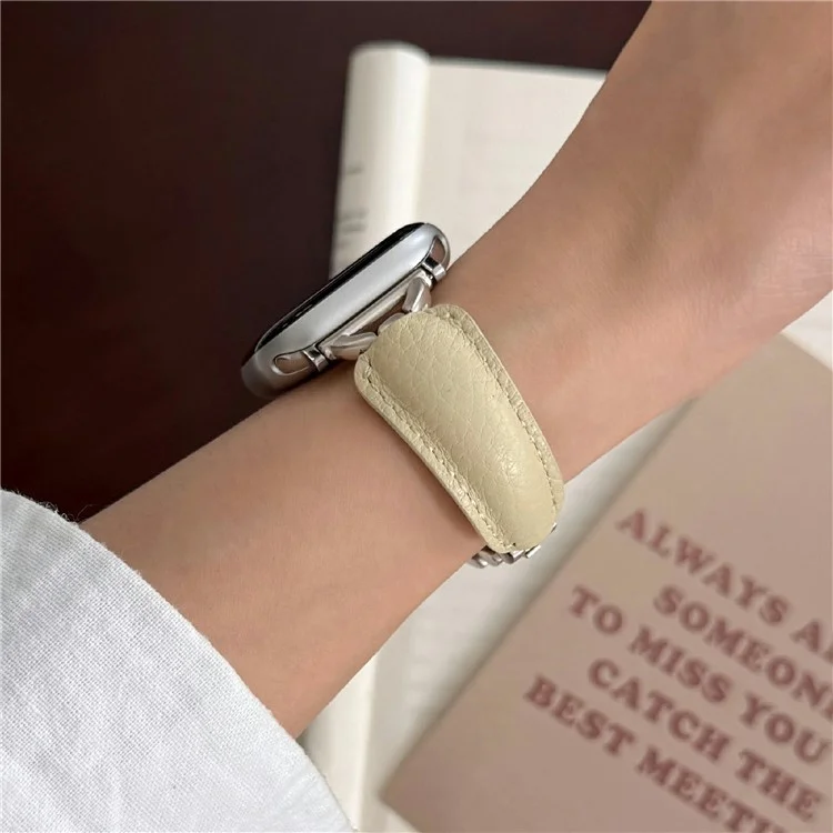 Watch Band For Apple Watch Series 10 9 8 7 SE 6 5 4 3 2 1 42mm 41mm 40mm 38mm D-Shaped Buckle Litchi Texture Leather Strap - Cream Yellow  /  Starlight