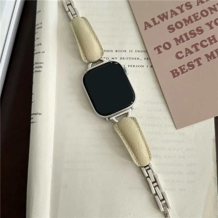 Watch Band For Apple Watch Series 10 9 8 7 SE 6 5 4 3 2 1 42mm 41mm 40mm 38mm D-Shaped Buckle Litchi Texture Leather Strap - Cream Yellow  /  Starlight