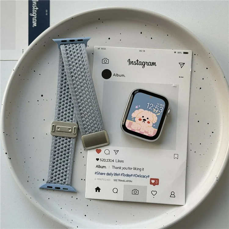Magnetic Strap for Apple Watch Series 10 9 8 7 SE 6 5 4 3 2 1 42mm 41mm 40mm 38mm Nylon Watch Band - Blue  /  Starlight