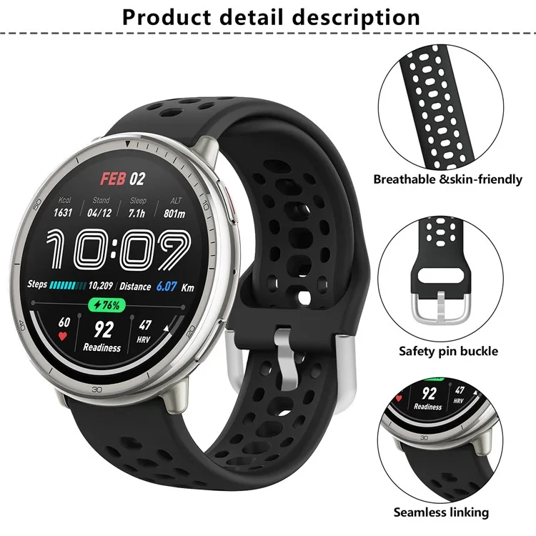 KALEBOL 20mm Strap for Samsung Galaxy Watch6 Classic 43mm 47mm / Watch6 40mm 44mm Multiple Holes Silicone Watch Band - Black
