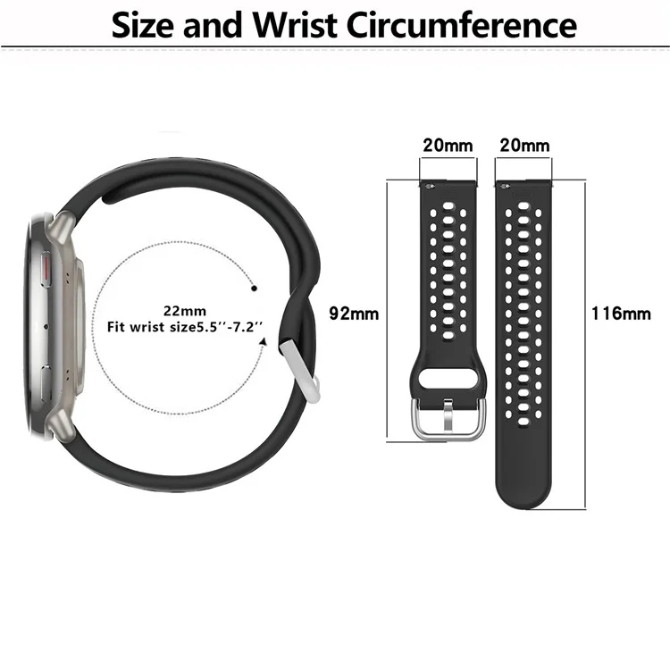 KALEBOL 20mm Strap for Samsung Galaxy Watch6 Classic 43mm 47mm / Watch6 40mm 44mm Multiple Holes Silicone Watch Band - Black
