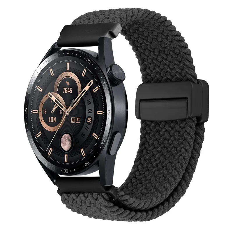 22mm Universal Wrist Strap Magnetic Buckle Nylon Braided Smart Watch Band - Black