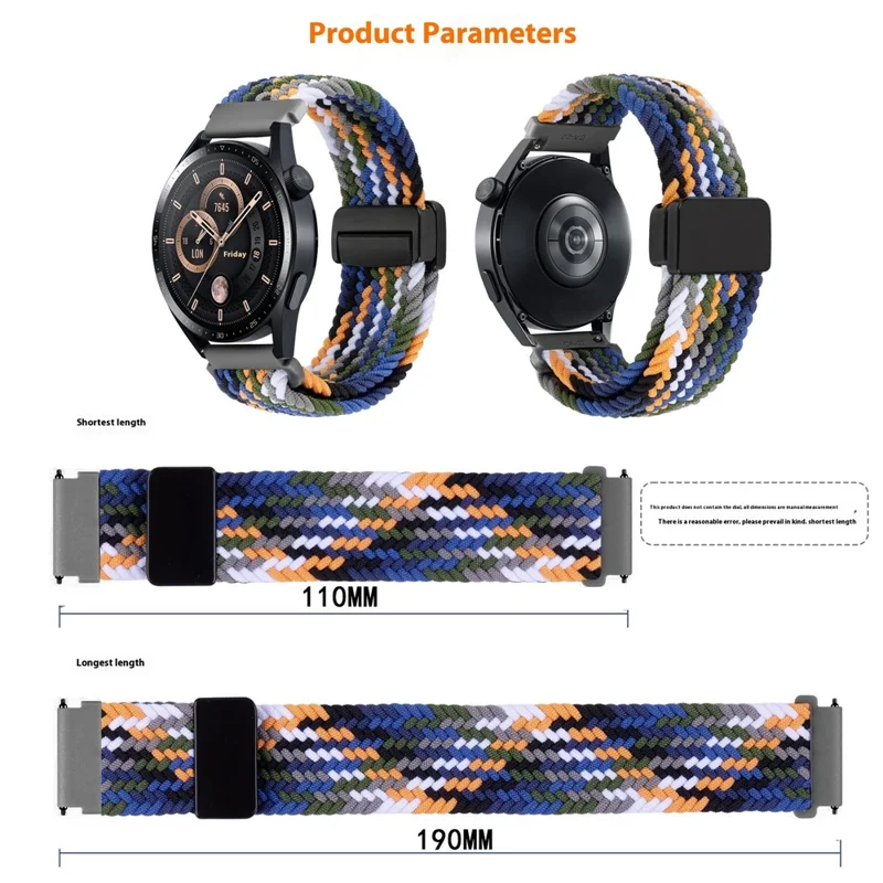 22mm Universal Wrist Strap Magnetic Buckle Nylon Braided Smart Watch Band - Black
