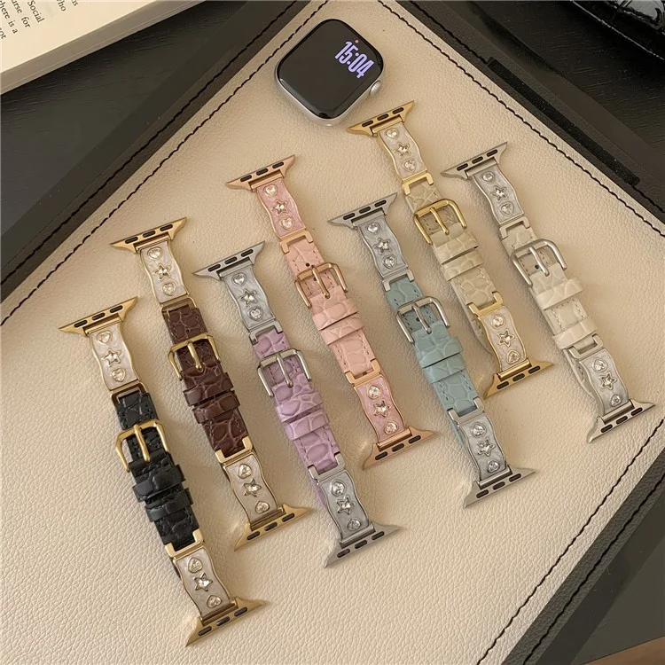 Ремешок для Apple Watch Series 10 9 8 7 SE 6 5 4 3 2 1 42мм 41мм 40мм 38мм с цирконовым декором из натуральной коровьей кожи - Нежно-голубой