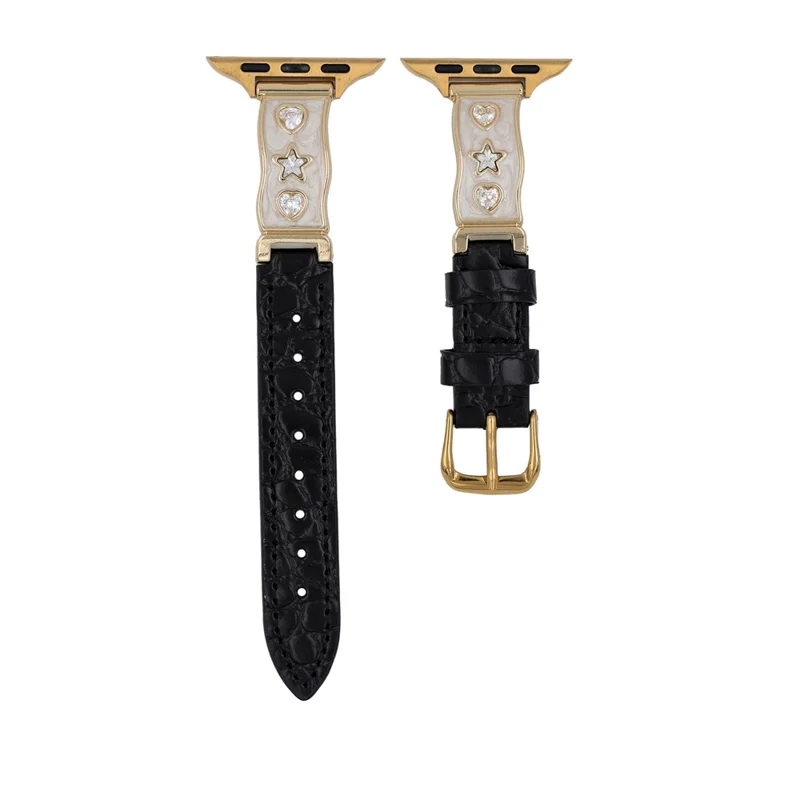 Bracelet de montre pour Apple Watch Series 10 9 8 7 SE 6 5 4 3 2 1 42mm 41mm 40mm 38mm Décor en Zircon Bracelet en Cuir de Vache Véritable - Noir