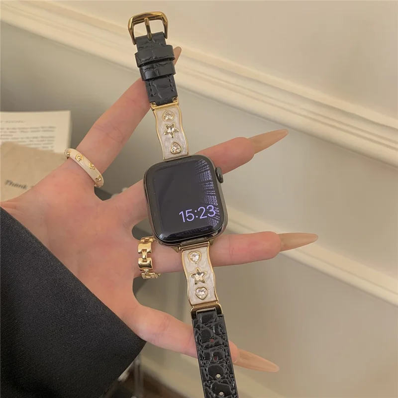 Bracelet de montre pour Apple Watch Series 10 9 8 7 SE 6 5 4 3 2 1 42mm 41mm 40mm 38mm Décor en Zircon Bracelet en Cuir de Vache Véritable - Noir