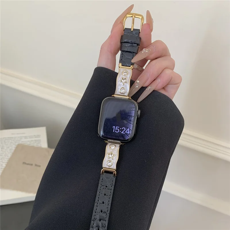 Bracelet de montre pour Apple Watch Series 10 9 8 7 SE 6 5 4 3 2 1 42mm 41mm 40mm 38mm Décor en Zircon Bracelet en Cuir de Vache Véritable - Noir