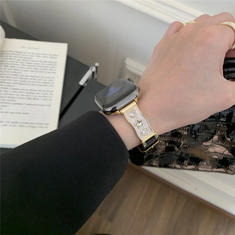 Bracelet de montre pour Apple Watch Series 10 9 8 7 SE 6 5 4 3 2 1 42mm 41mm 40mm 38mm Décor en Zircon Bracelet en Cuir de Vache Véritable - Noir
