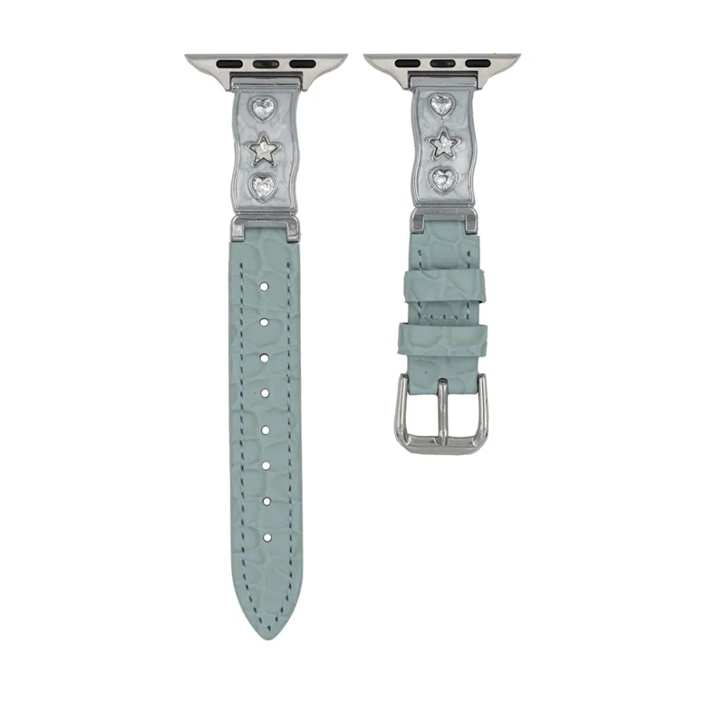 Correa para Apple Watch Series 10 Ultra 9 8 7 SE 6 5 4 3 2 1 de 46 mm, 49 mm, 45 mm, 44 mm, 42 mm, decoración de circonita, correa de cuero genuino de vaca - Azul bebé