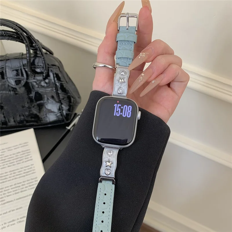 Correa para Apple Watch Series 10 Ultra 9 8 7 SE 6 5 4 3 2 1 de 46 mm, 49 mm, 45 mm, 44 mm, 42 mm, decoración de circonita, correa de cuero genuino de vaca - Azul bebé