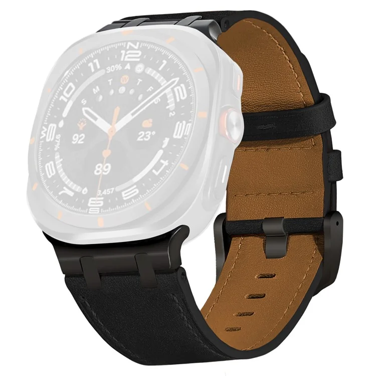 For Samsung Galaxy Watch Ultra 47mm Adjustable Watch Band Genuine Cow Leather Strap - Black / Black Buckle