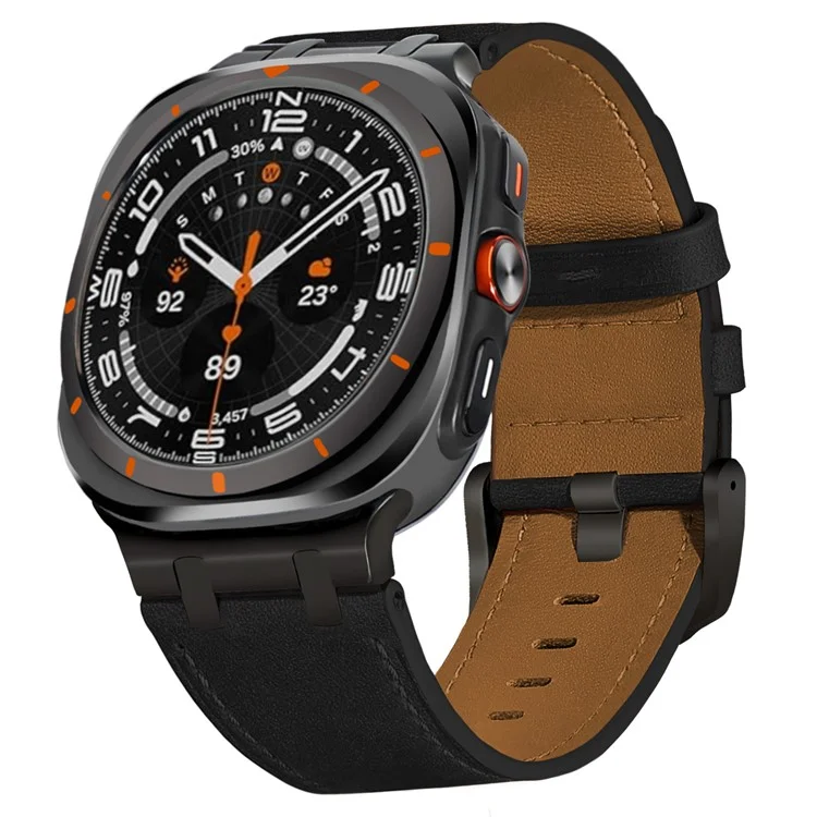 For Samsung Galaxy Watch Ultra 47mm Adjustable Watch Band Genuine Cow Leather Strap - Black / Black Buckle