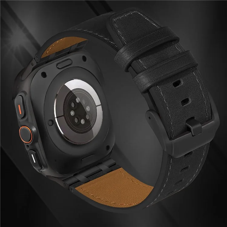 For Samsung Galaxy Watch Ultra 47mm Adjustable Watch Band Genuine Cow Leather Strap - Black / Black Buckle