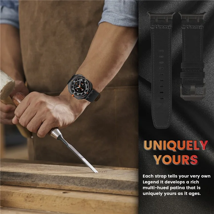 For Samsung Galaxy Watch Ultra 47mm Adjustable Watch Band Genuine Cow Leather Strap - Black / Black Buckle