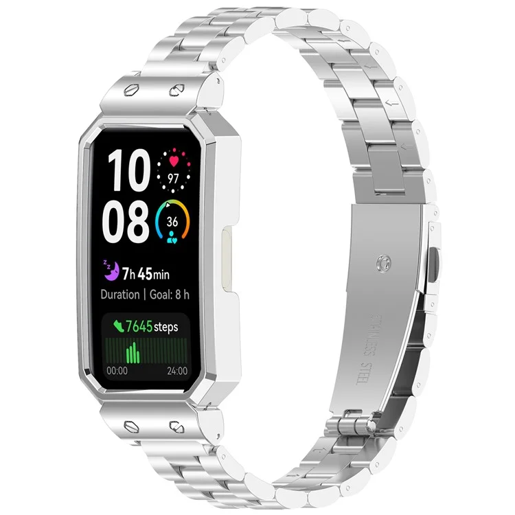 Metal Frame for Huawei Band 10 / 10 NFC / 9 / 9 NFC / 8 / 8 NFC Watch Case Integrated Three Bead Stainless Steel Strap - Silver