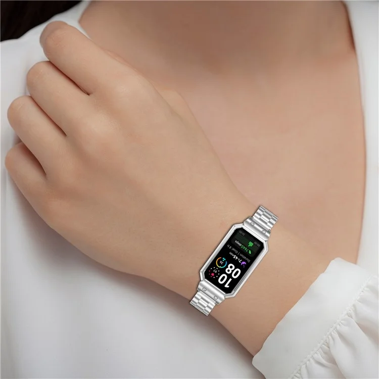 Metal Frame for Huawei Band 10 / 10 NFC / 9 / 9 NFC / 8 / 8 NFC Watch Case Integrated Three Bead Stainless Steel Strap - Silver