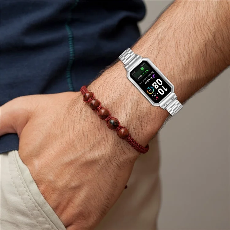 Metal Frame for Huawei Band 10 / 10 NFC / 9 / 9 NFC / 8 / 8 NFC Watch Case Integrated Three Bead Stainless Steel Strap - Silver