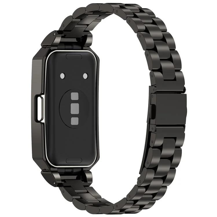 Metal Frame for Huawei Band 10 / 10 NFC / 9 / 9 NFC / 8 / 8 NFC Watch Case Integrated Three Bead Stainless Steel Strap - Black