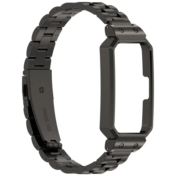 Metal Frame for Huawei Band 10 / 10 NFC / 9 / 9 NFC / 8 / 8 NFC Watch Case Integrated Three Bead Stainless Steel Strap - Black