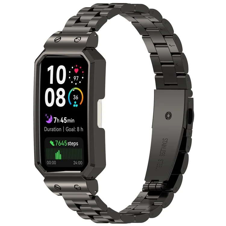 Metal Frame for Huawei Band 10 / 10 NFC / 9 / 9 NFC / 8 / 8 NFC Watch Case Integrated Three Bead Stainless Steel Strap - Black