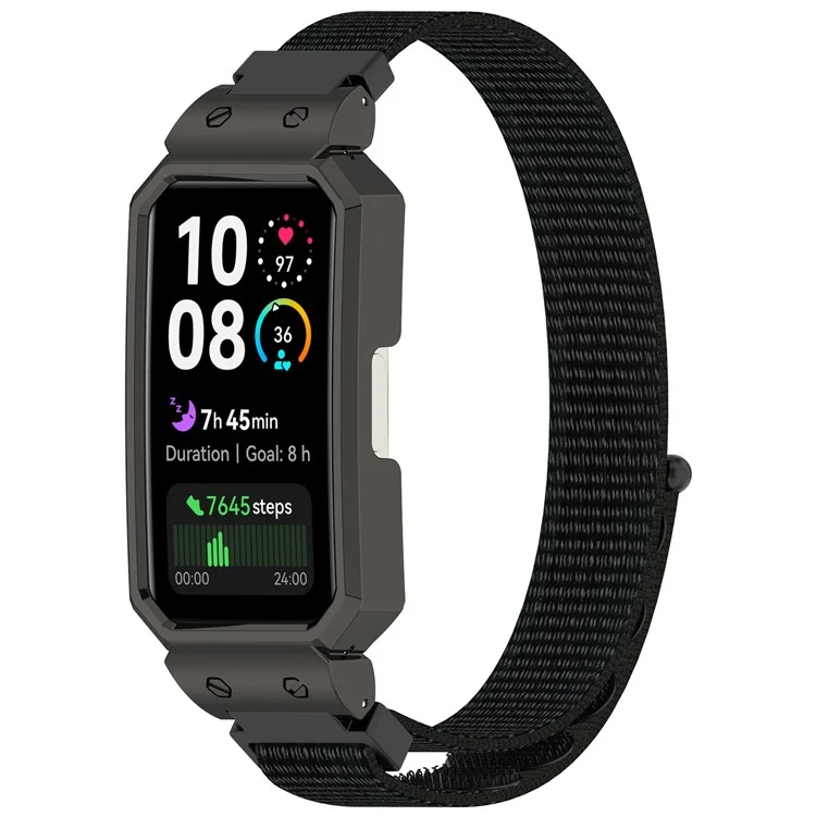 Cinturino per Huawei Band 10 / 10 NFC / 9 / 9 NFC / 8 / 8 NFC Nastro Magico Cinturino in Nylon con Custodia Metallica - Nero+Nero