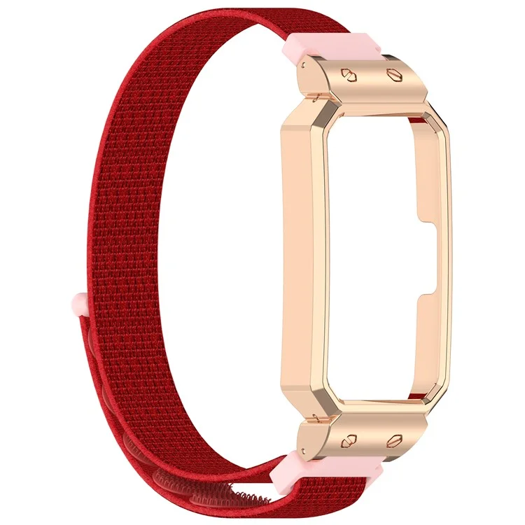 Watch Band for Huawei Band 10 / 10 NFC / 9 / 9 NFC / 8 / 8 NFC Magic Tape Nylon Strap with Metal Case - Red+Rose Gold