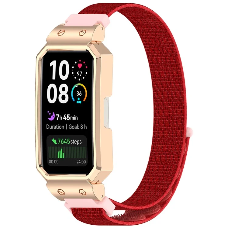 Watch Band for Huawei Band 10 / 10 NFC / 9 / 9 NFC / 8 / 8 NFC Magic Tape Nylon Strap with Metal Case - Red+Rose Gold