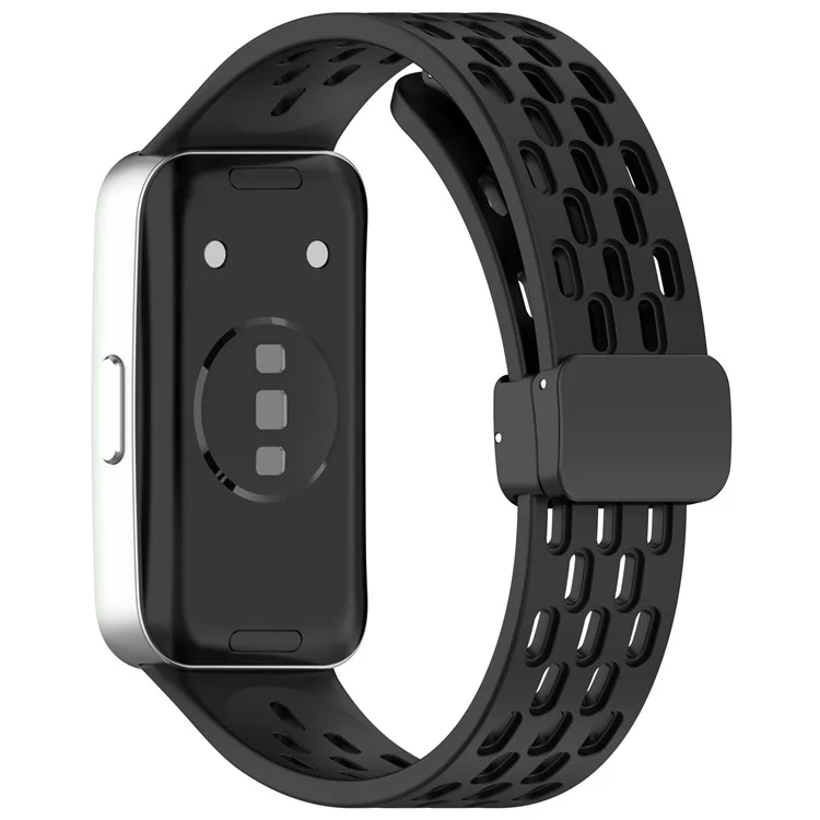 Pulseira de Silicone para Huawei Band 10 / 10 NFC / 9 / 9 NFC / 8 / 8 NFC Design com Furos Respirável Fecho Magnético - Preto