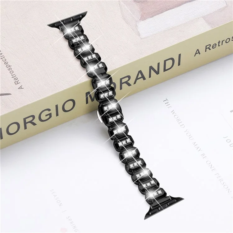 Metal Strap for Apple Watch Series 10 9 8 7 SE 6 5 4 3 2 1 42mm 41mm 40mm 38mm Rhinestone Decor with Butterfly Clasp - Black