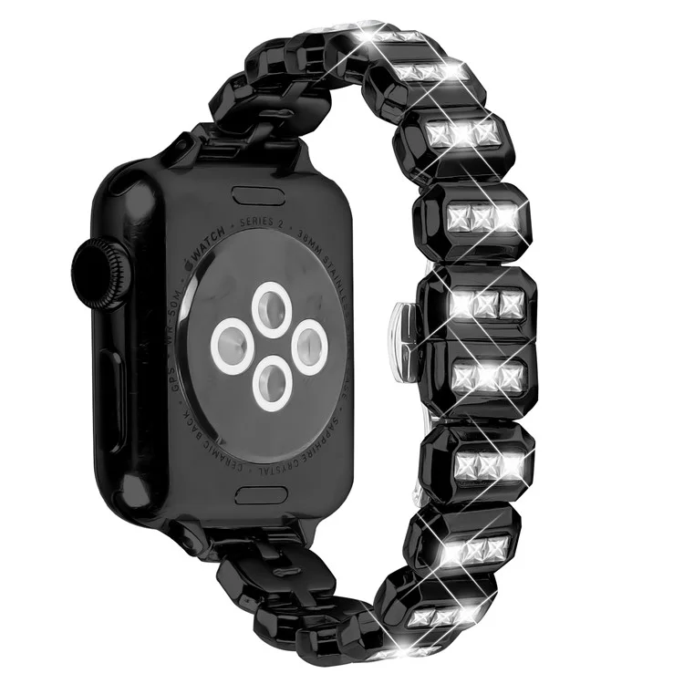 Metallarmband für Apple Watch Series 10 Ultra 9 8 7 SE 6 5 4 3 2 1 46mm 49mm 45mm 44mm 42mm mit Strasssteinen und Schmetterlingsverschluss - Schwarz